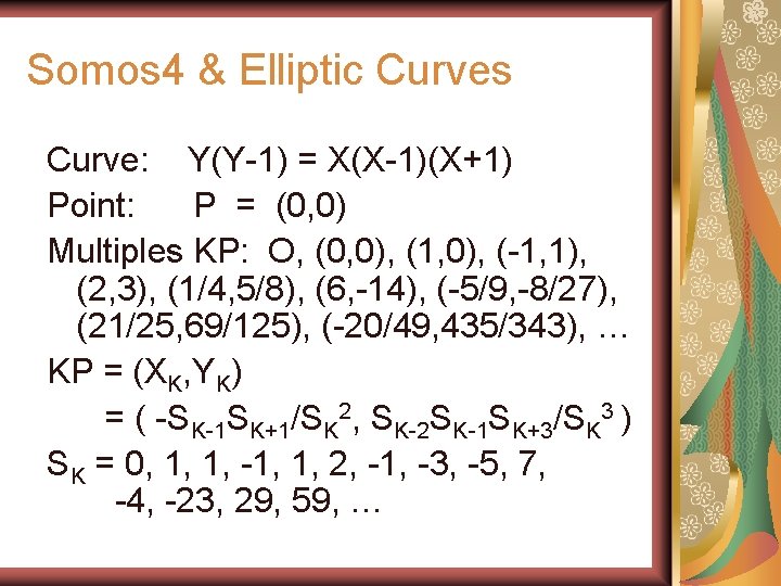 Somos 4 & Elliptic Curves Curve: Y(Y-1) = X(X-1)(X+1) Point: P = (0, 0)