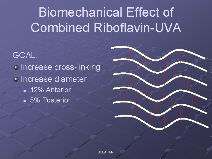 Biomechanical Effect of Combined Riboflavin-UVA GOAL: Increase cross-linking Increase diameter n n 12% Anterior