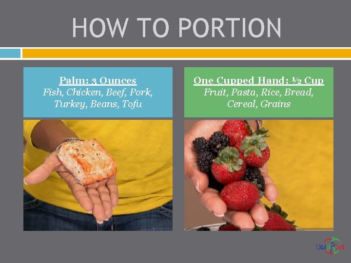 HOW TO PORTION Palm: 3 Ounces Fish, Chicken, Beef, Pork, Turkey, Beans, Tofu One