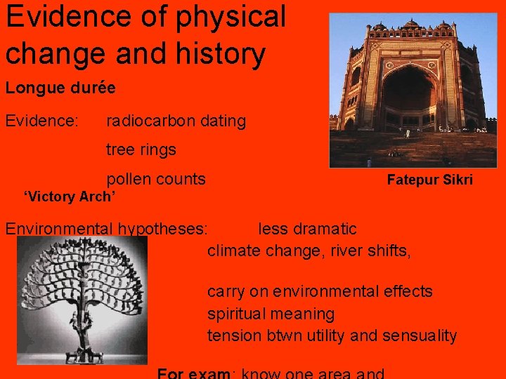 Evidence of physical change and history Longue durée Evidence: radiocarbon dating tree rings pollen