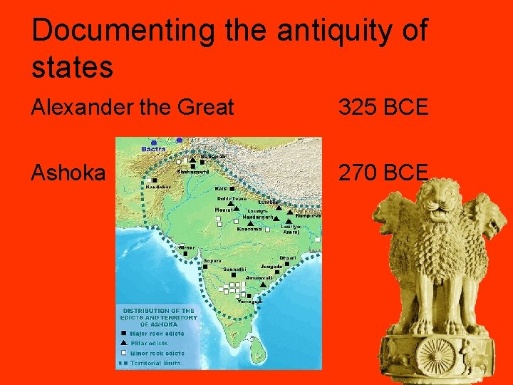 Documenting the antiquity of states Alexander the Great 325 BCE Ashoka 270 BCE 