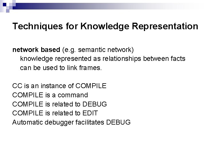Techniques for Knowledge Representation network based (e. g. semantic network) knowledge represented as relationships