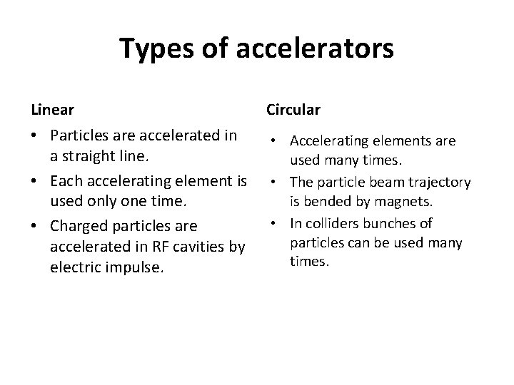 Types of accelerators Linear Circular • Particles are accelerated in a straight line. •