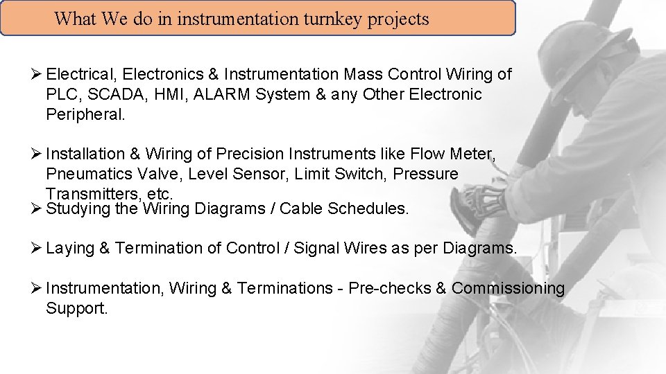 What We do in instrumentation turnkey projects Ø Electrical, Electronics & Instrumentation Mass Control