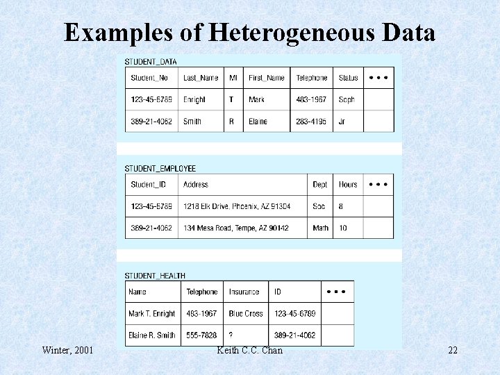 Examples of Heterogeneous Data Winter, 2001 Keith C. C. Chan 22 