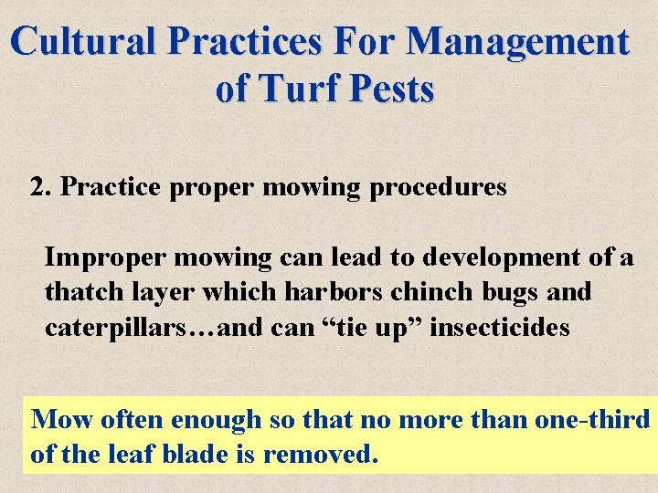 Cultural Practices For Management of Turf Pests 2. Practice proper mowing procedures Improper mowing