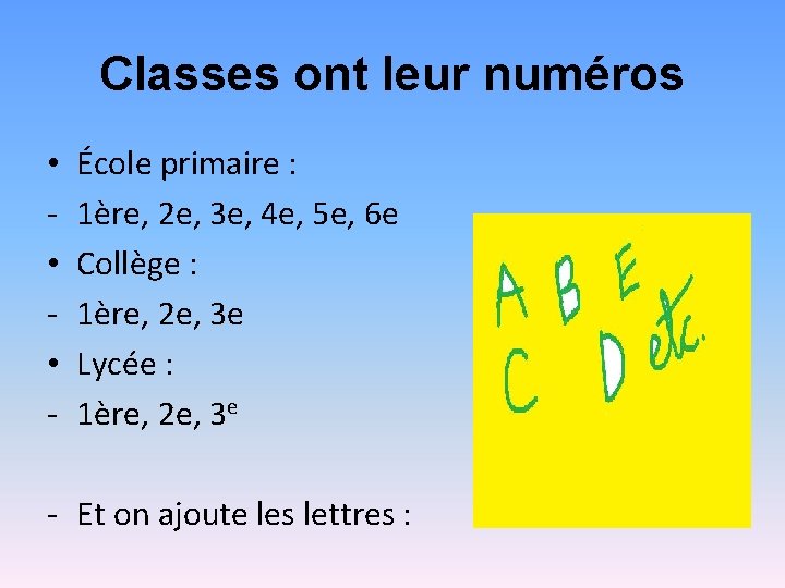 Classes ont leur numéros • • • - École primaire : 1ère, 2 e,