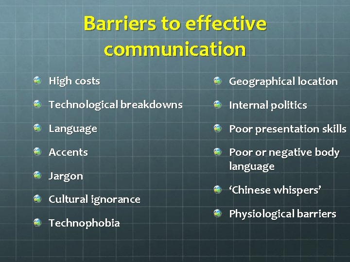 Barriers to effective communication High costs Geographical location Technological breakdowns Internal politics Language Poor