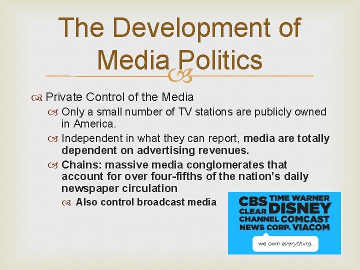 The Development of Media Politics Private Control of the Media Only a small number