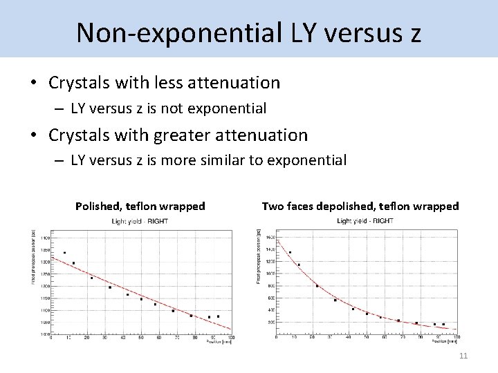 Non-exponential LY versus z • Crystals with less attenuation – LY versus z is
