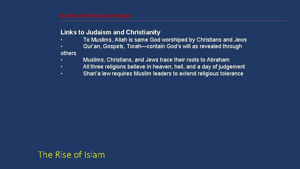 Beliefs and Practices of Islam Links to Judaism and Christianity • • others •