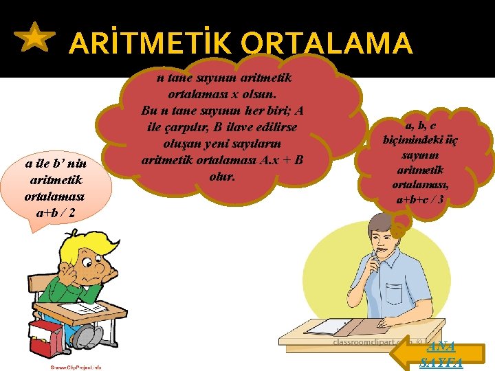 ARİTMETİK ORTALAMA a ile b’ nin aritmetik ortalaması a+b / 2 n tane sayının