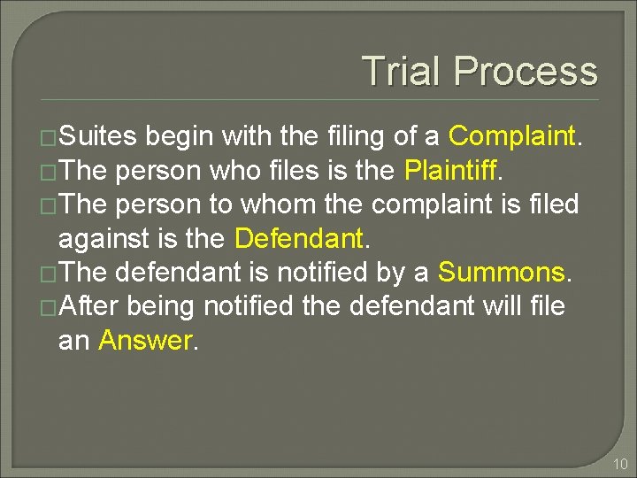 Trial Process �Suites begin with the filing of a Complaint. �The person who files