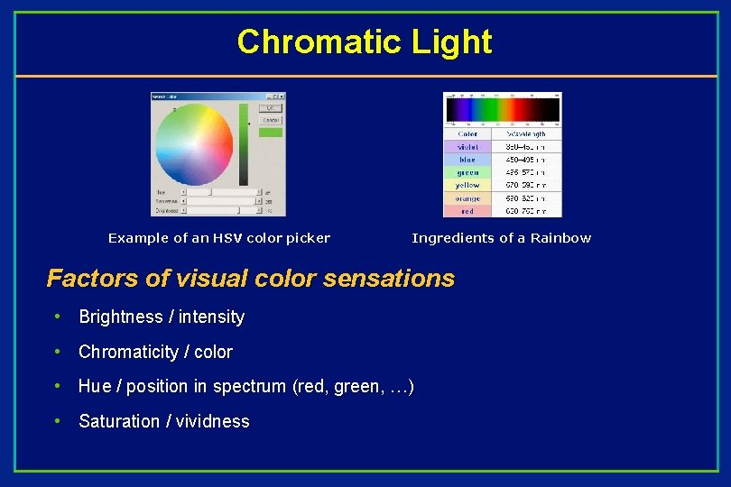 Chromatic Light Example of an HSV color picker Ingredients of a Rainbow Factors of