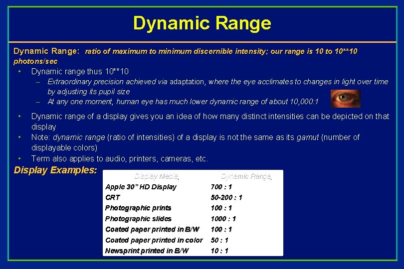 Dynamic Range: ratio of maximum to minimum discernible intensity; our range is 10 to