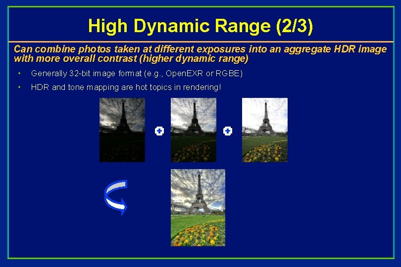 High Dynamic Range (2/3) Can combine photos taken at different exposures into an aggregate