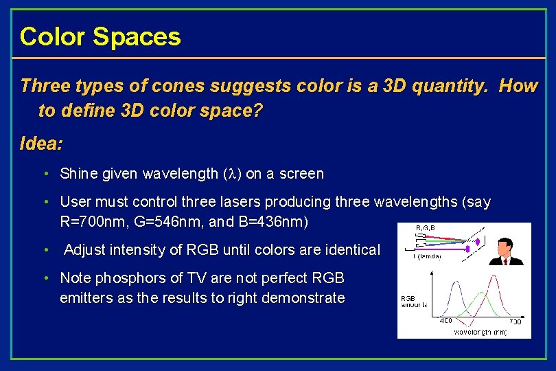 Color Spaces Three types of cones suggests color is a 3 D quantity. How