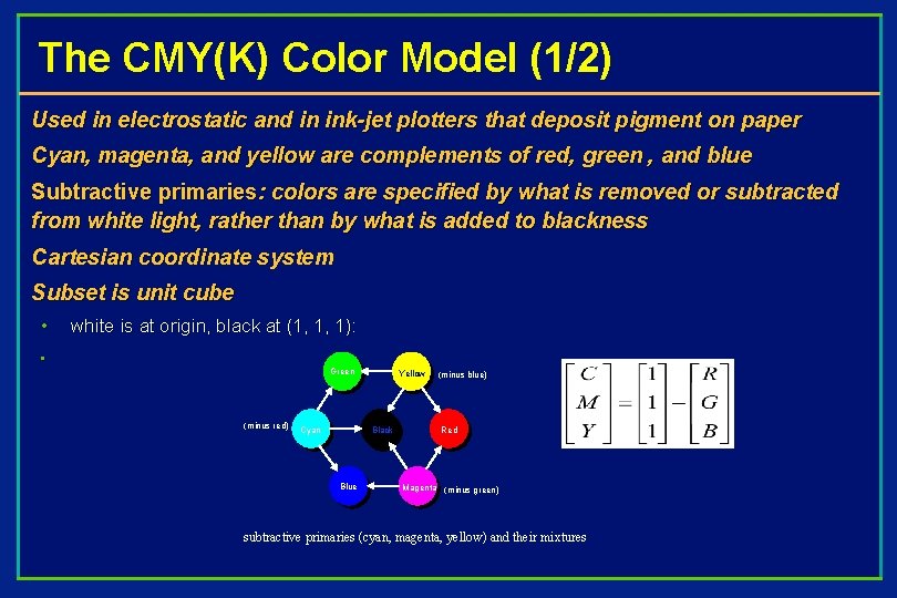 The CMY(K) Color Model (1/2) Used in electrostatic and in ink-jet plotters that deposit