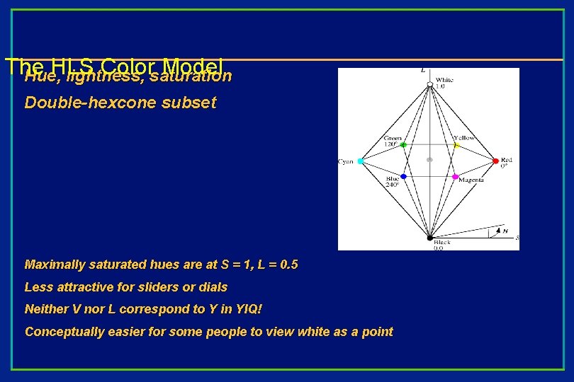 The HLS Color Model Hue, lightness, saturation Double-hexcone subset Maximally saturated hues are at