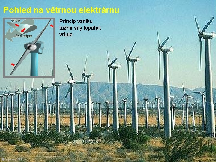 Pohled na větrnou elektrárnu Princip vzniku tažné síly lopatek vrtule Stýskala, 2002 