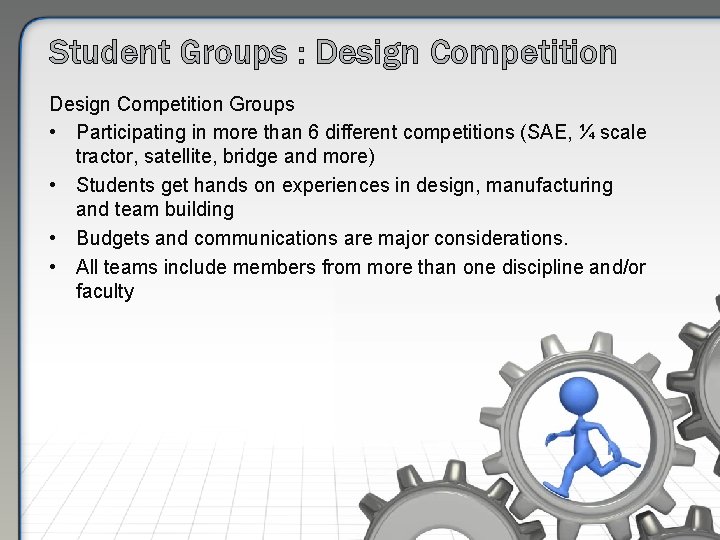 Student Groups : Design Competition Groups • Participating in more than 6 different competitions