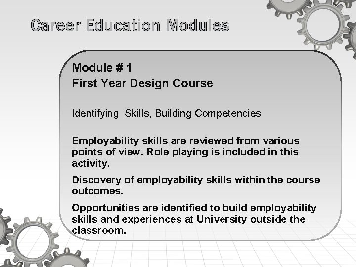 Career Education Modules Module # 1 First Year Design Course Identifying Skills, Building Competencies