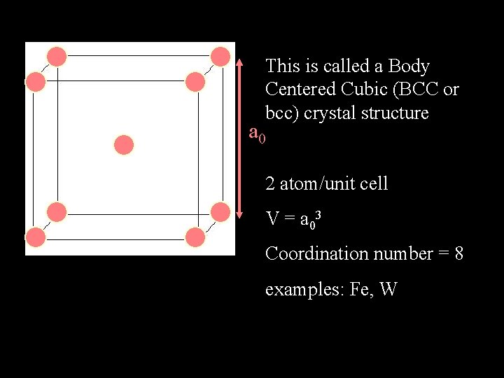 This is called a Body Centered Cubic (BCC or bcc) crystal structure a 0