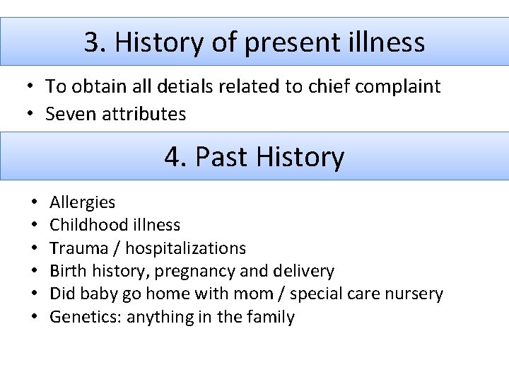 3. History of present illness • To obtain all detials related to chief complaint