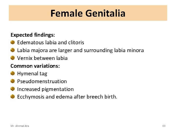 Female Genitalia Expected findings: Edematous labia and clitoris Labia majora are larger and surrounding