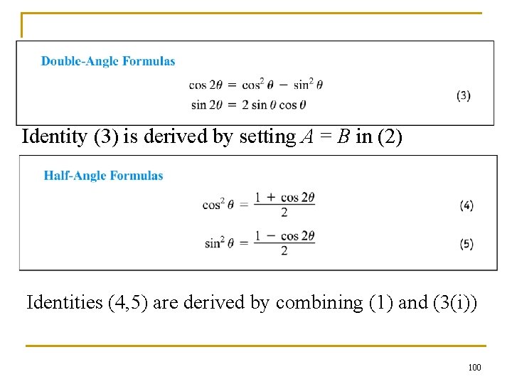 Identity (3) is derived by setting A = B in (2) Identities (4, 5) Identity (3) is derived by setting A = B in (2) Identities (4, 5)