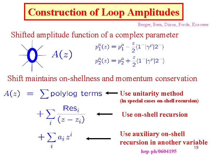 Construction of Loop Amplitudes Berger, Bern, Dixon, Forde, Kosower Shifted amplitude function of a Construction of Loop Amplitudes Berger, Bern, Dixon, Forde, Kosower Shifted amplitude function of a