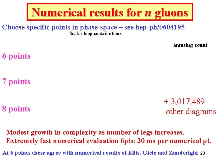 Numerical results for n gluons Choose specific points in phase-space – see hep-ph/0604195 Scalar Numerical results for n gluons Choose specific points in phase-space – see hep-ph/0604195 Scalar