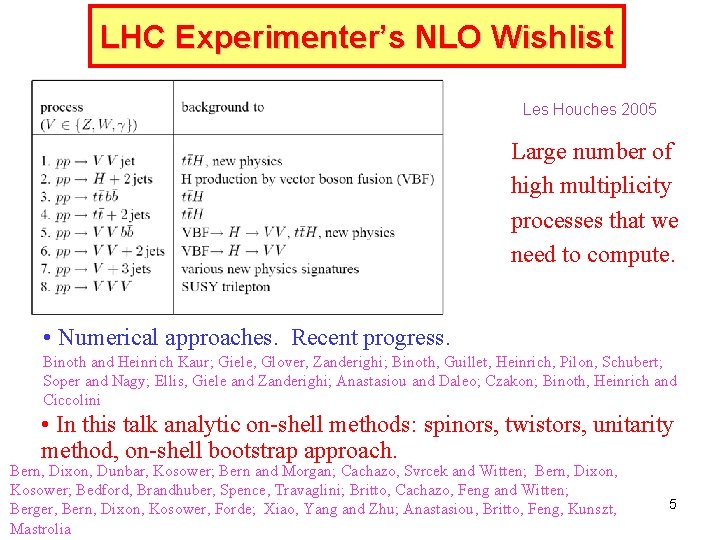 LHC Experimenter’s NLO Wishlist Les Houches 2005 Large number of high multiplicity processes that LHC Experimenter’s NLO Wishlist Les Houches 2005 Large number of high multiplicity processes that