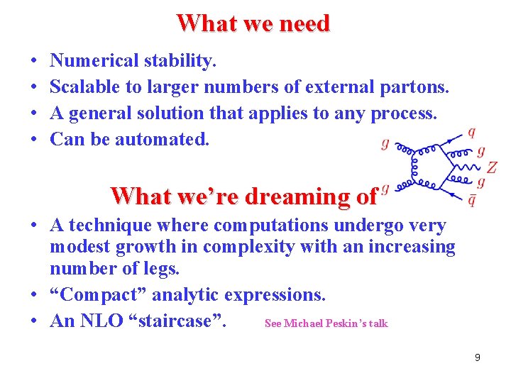 What we need • • Numerical stability. Scalable to larger numbers of external partons. What we need • • Numerical stability. Scalable to larger numbers of external partons.