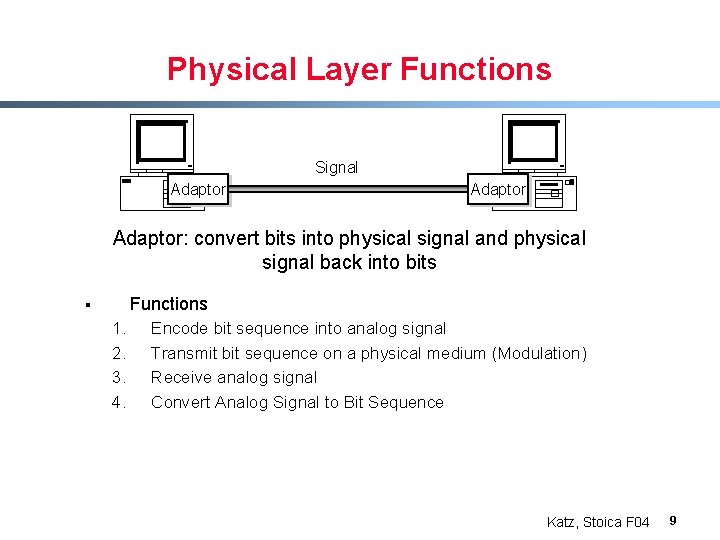 Physical Layer Functions Signal Adaptor: convert bits into physical signal and physical signal back