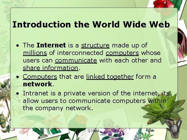 Introduction the World Wide Web • The Internet is a structure made up of