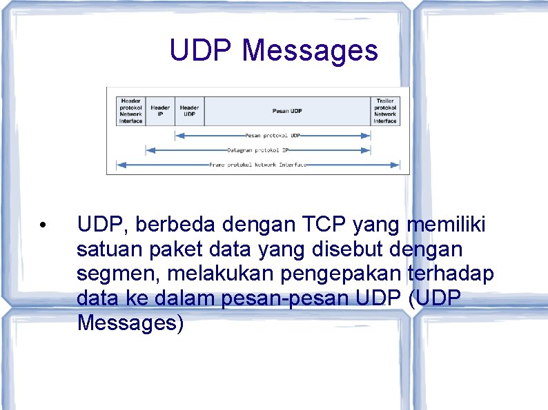 UDP Messages • UDP, berbeda dengan TCP yang memiliki satuan paket data yang disebut