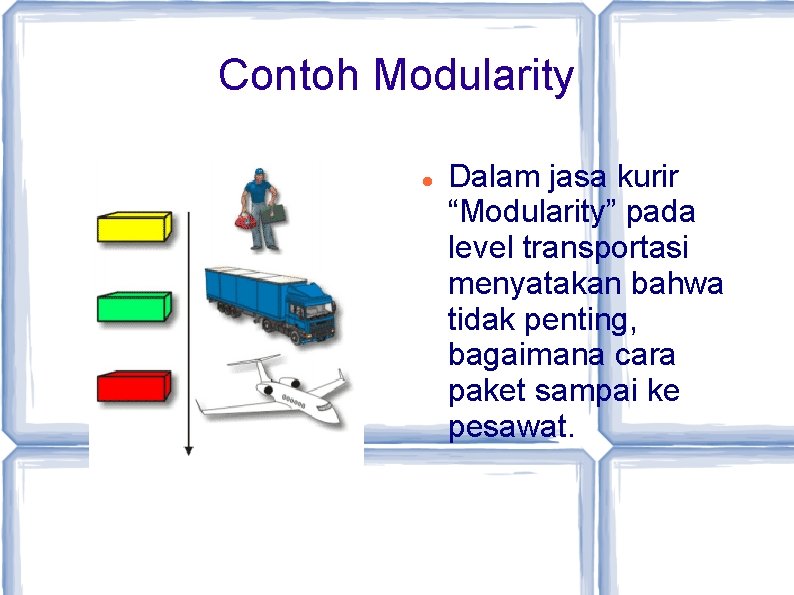 Contoh Modularity Dalam jasa kurir “Modularity” pada level transportasi menyatakan bahwa tidak penting, bagaimana