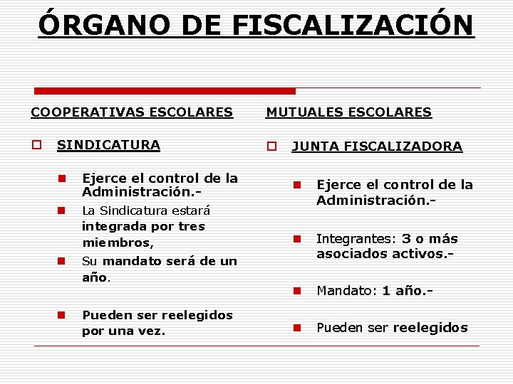 ÓRGANO DE FISCALIZACIÓN COOPERATIVAS ESCOLARES o SINDICATURA n Ejerce el control de la Administración.