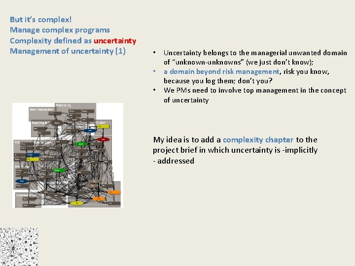 But it’s complex! Manage complex programs Complexity defined as uncertainty Management of uncertainty (1)