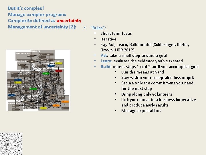 But it’s complex! Manage complex programs Complexity defined as uncertainty Management of uncertainty (2):