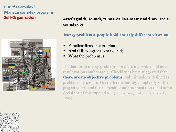 But it’s complex! Manage complex programs Self-Organization APM’s guilds, squads, tribes, dailies, matrix add