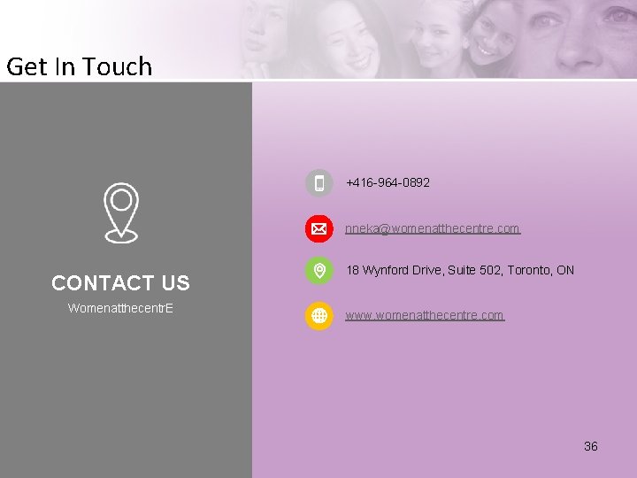 Get In Touch +416 -964 -0892 nneka@womenatthecentre. com CONTACT US Womenatthecentr. E 18 Wynford