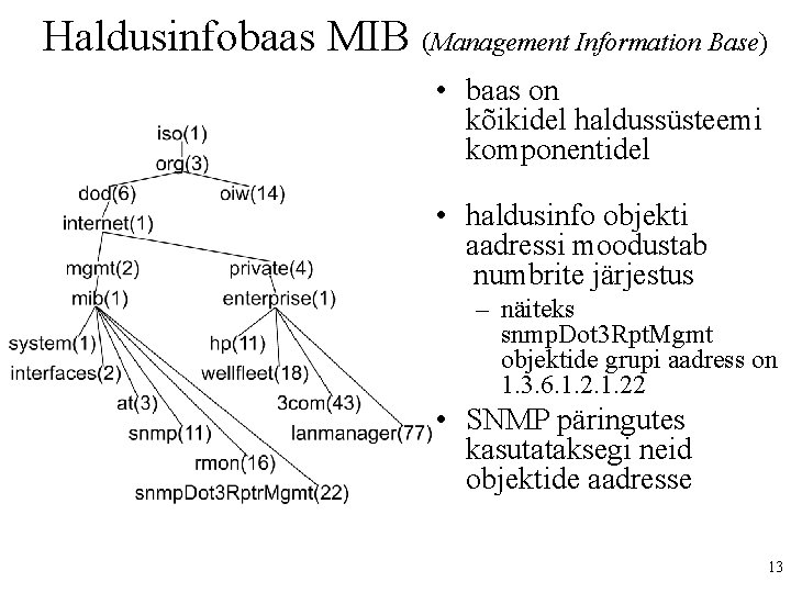 Haldusinfobaas MIB (Management Information Base) • baas on kõikidel haldussüsteemi komponentidel • haldusinfo objekti