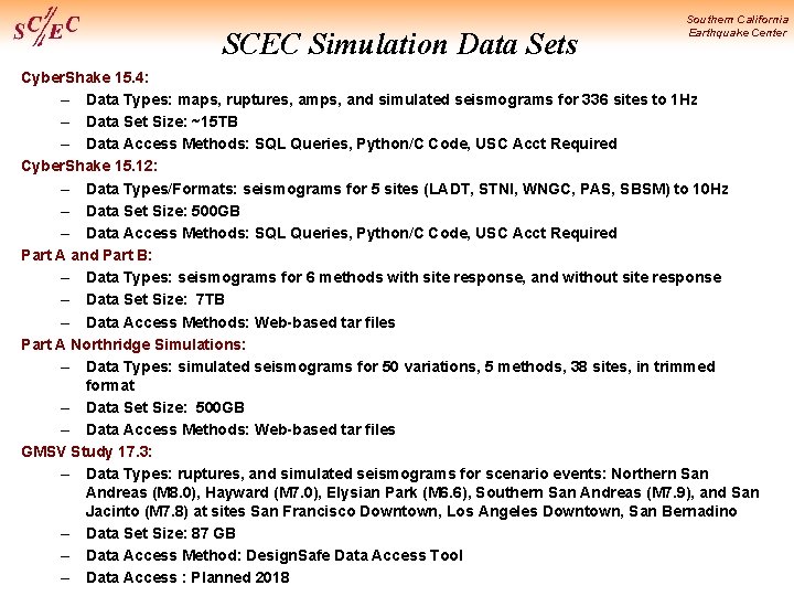 SCEC Simulation Data Sets Southern California Earthquake Center Cyber. Shake 15. 4: – Data