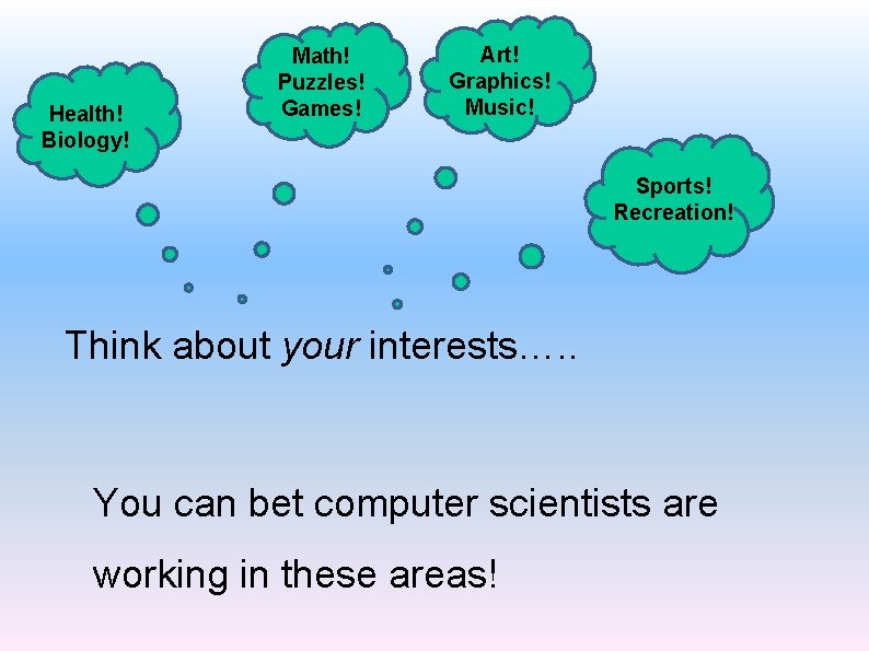 Health! Biology! Math! Puzzles! Games! Art! Graphics! Music! Sports! Recreation! Think about your interests….