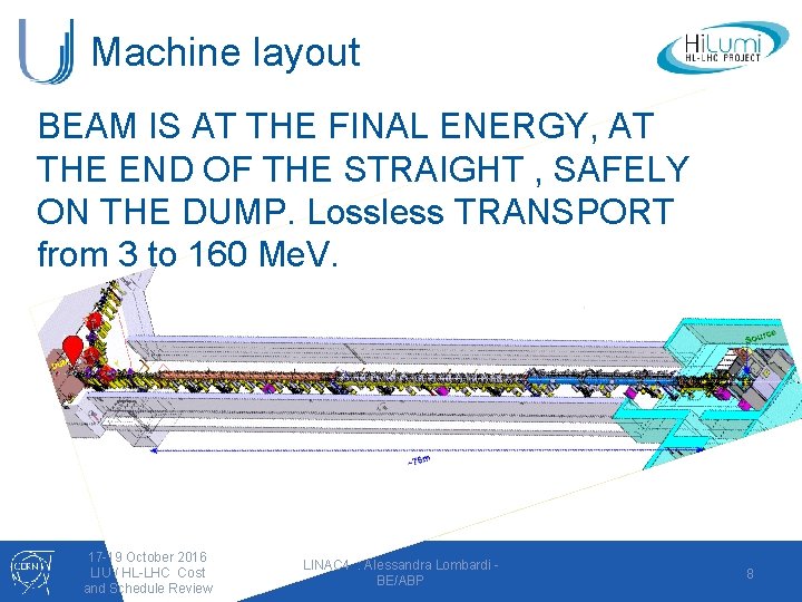 Machine layout BEAM IS AT THE FINAL ENERGY, AT THE END OF THE STRAIGHT