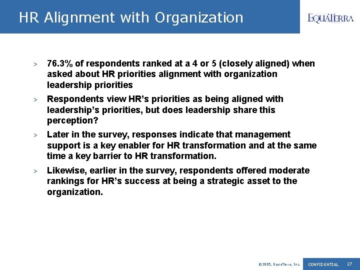 HR Alignment with Organization > 76. 3% of respondents ranked at a 4 or