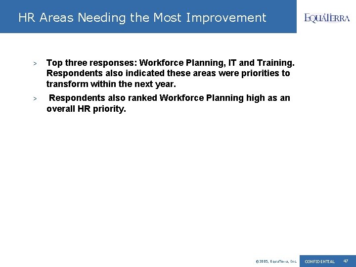 HR Areas Needing the Most Improvement > Top three responses: Workforce Planning, IT and