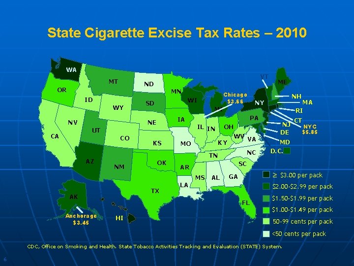 State Cigarette Excise Tax Rates – 2010 WA MT VT ND OR MN ID